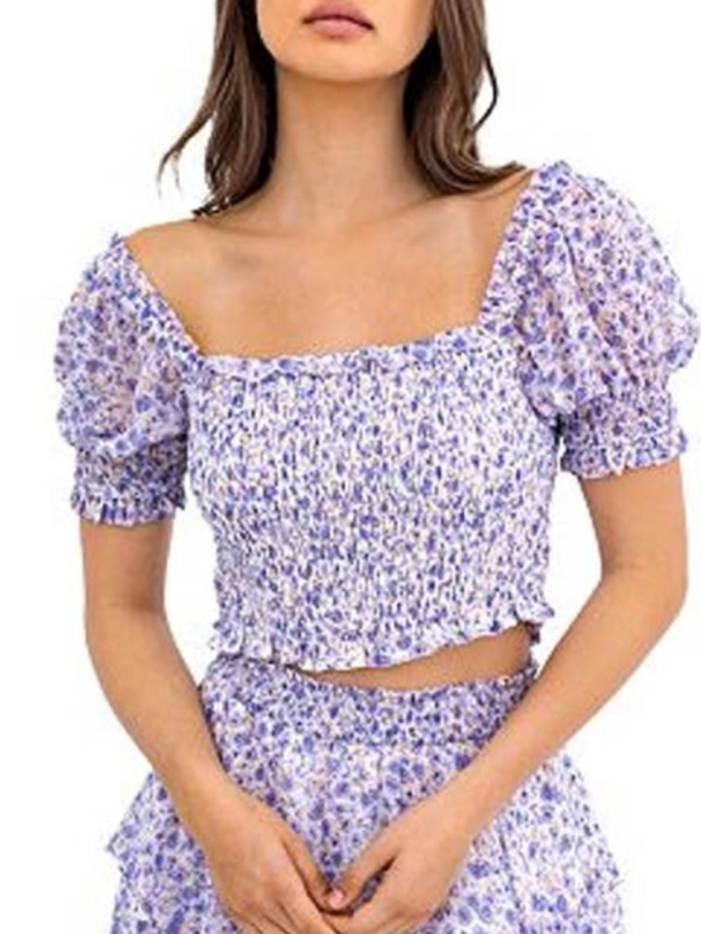 LE LIS Floral Smocked Tie-Front Crop Top